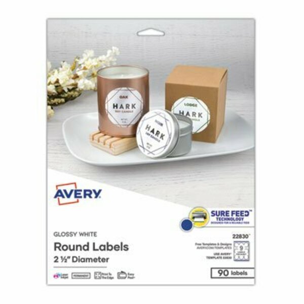 Avery Dennison Avery, ROUND PRINT-TO-THE EDGE LABELS WITH SUREFEED, 2.5in DIA, GLOSSY WHITE, 90PK 22830